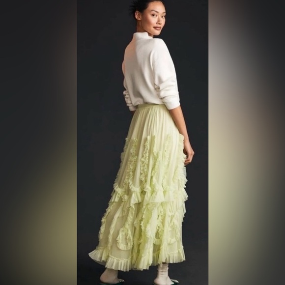 Anthropologie Lime Green Ruffle Tulle Midi Skirt Large Romantic Cottagecore - Picture 9 of 9
